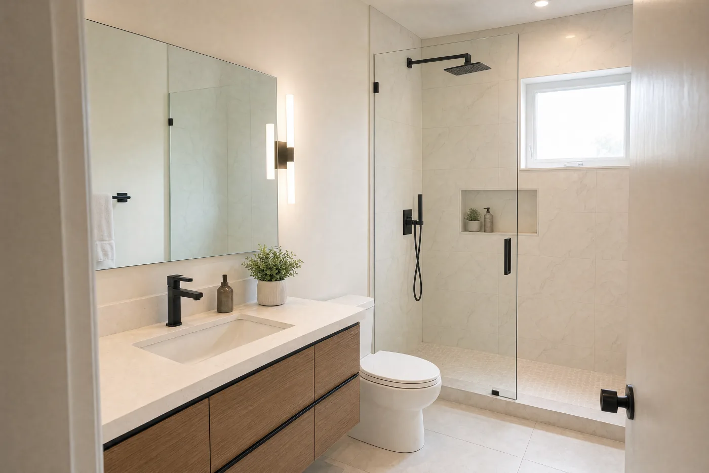 Guest bathroom after remodel with walk-in shower