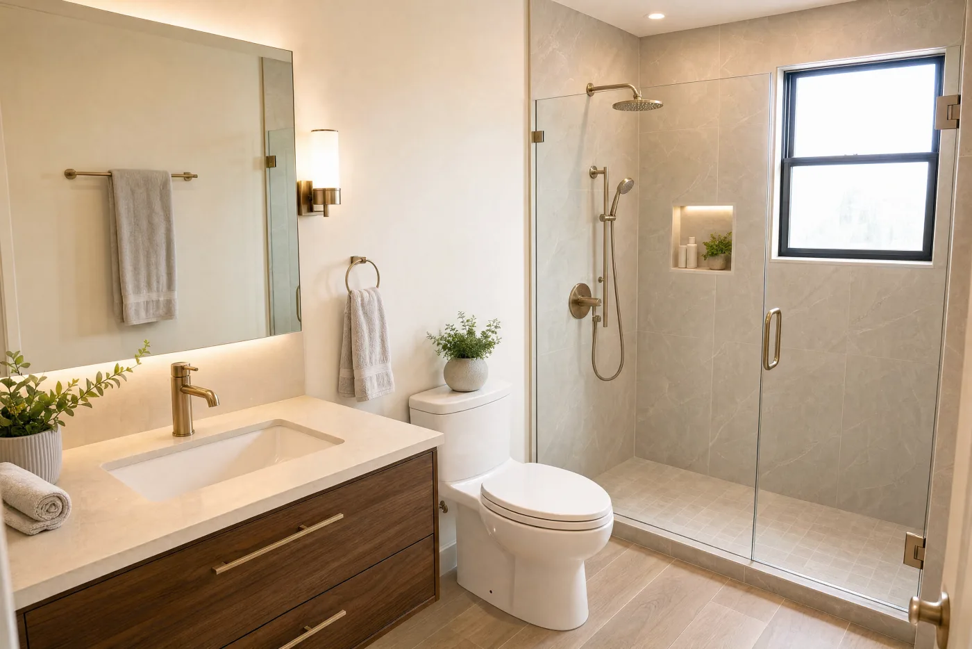 Compact bathroom after remodel in warm greige