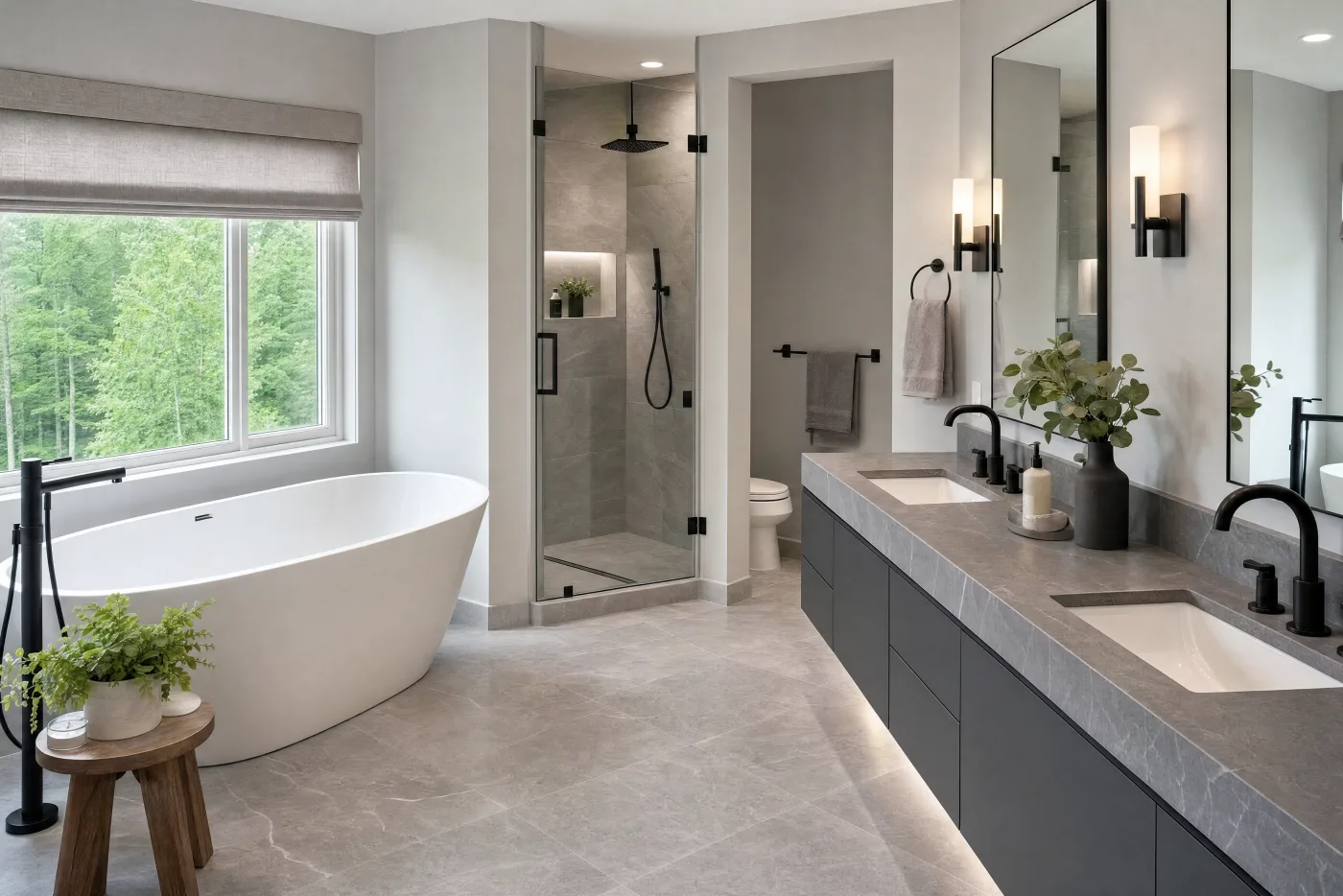 Master bathroom after remodel in charcoal and matte black
