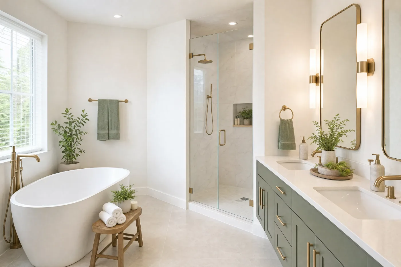 Master bathroom after remodel in sage green and brushed brass