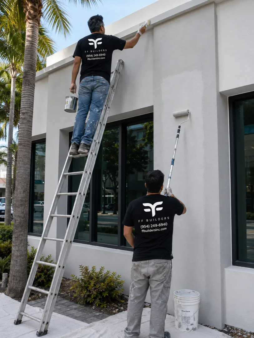 FF Builders crew repainting a commercial office building in Brickell, Miami