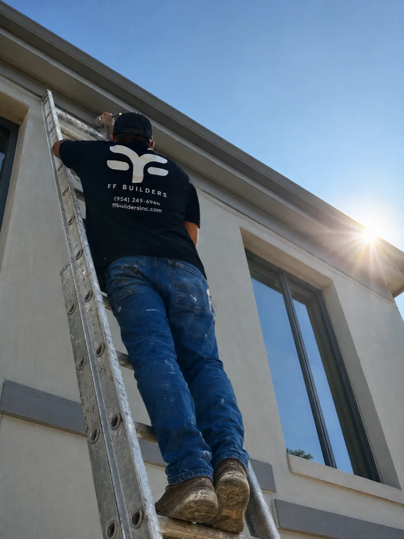 Painter cutting in along the roofline of a commercial building