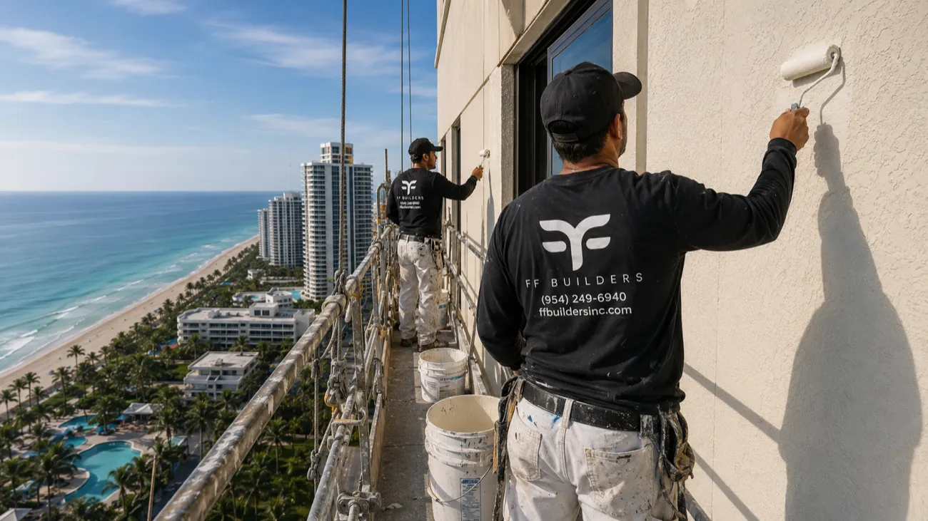 FF Builders crew working from a suspended platform high above the Miami coastline