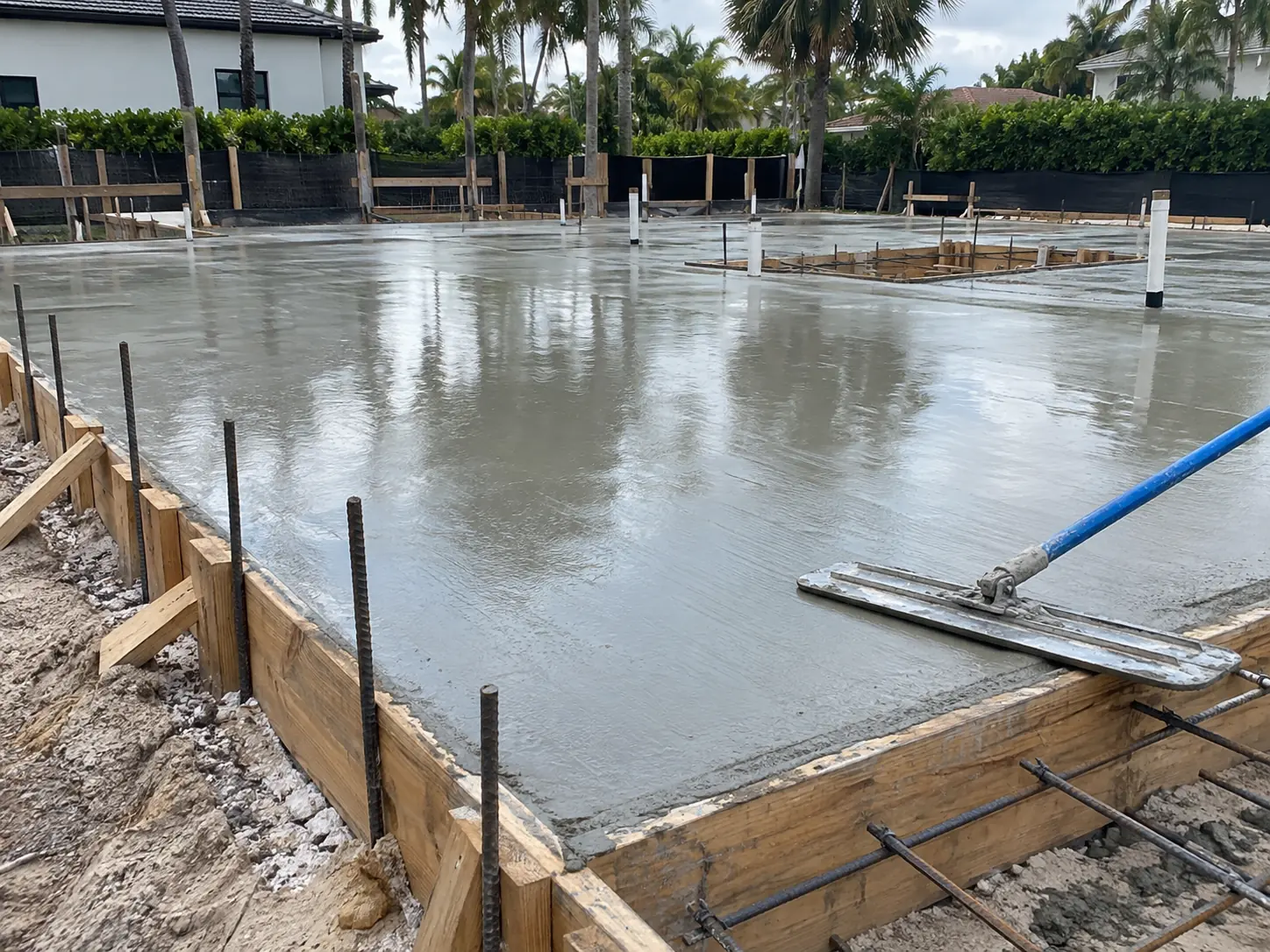 Concrete slab being floated on a Miami job site, forms and tied rebar at the perimeter