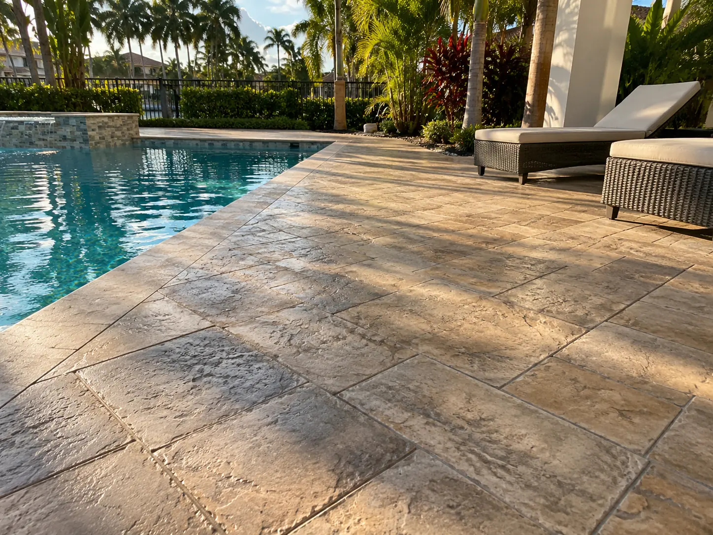 Stamped concrete pool deck in Miami, colored and textured to read as cut stone