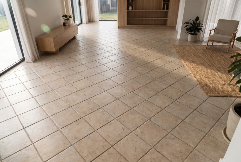 Living room with dated diagonal ceramic tile