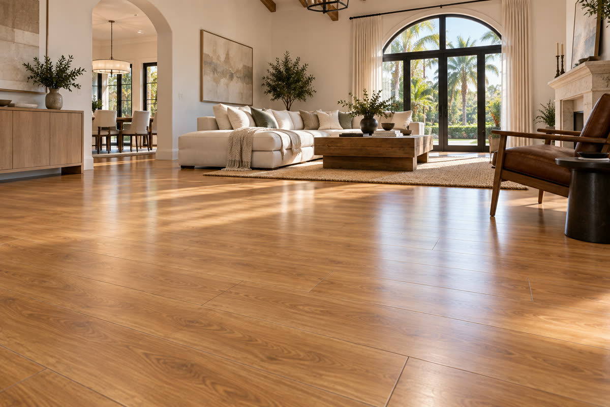 Honey-toned laminate flooring in a living room