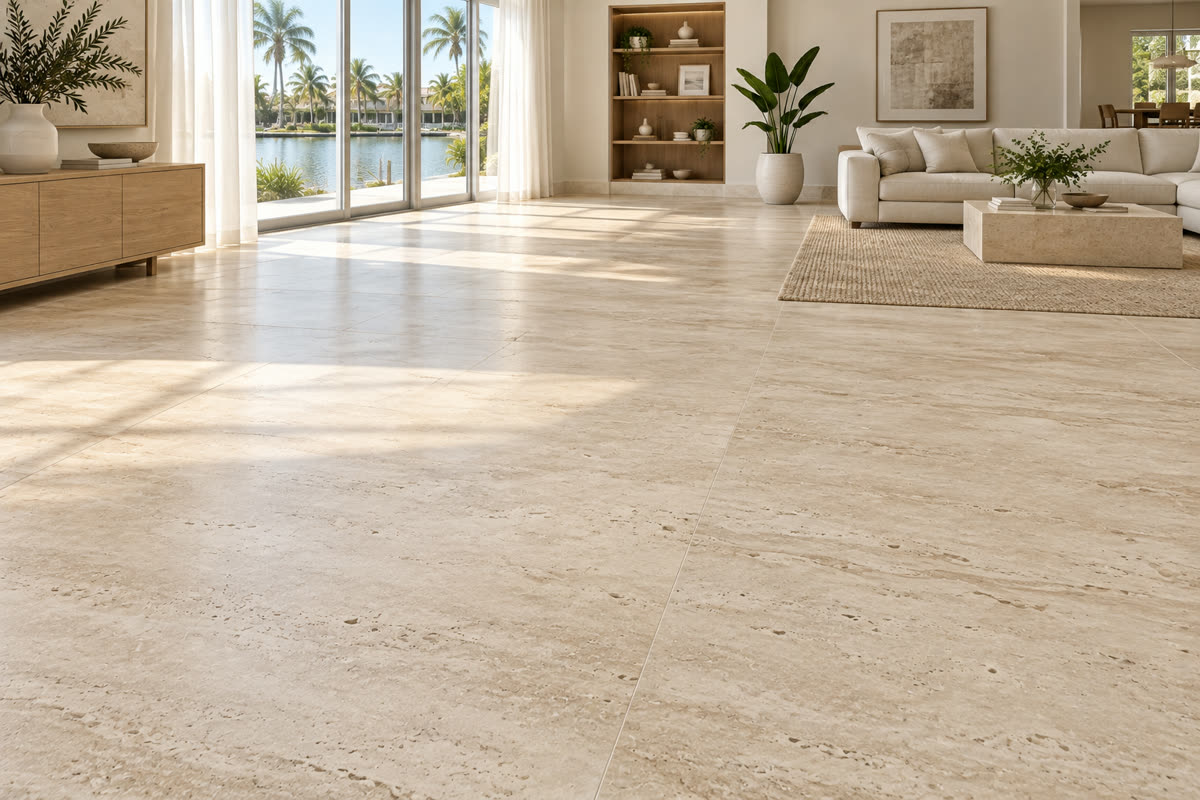 Travertine stone floor in a bright South Florida living room