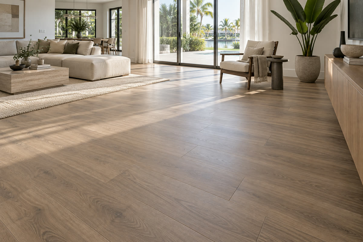 Wide-plank luxury vinyl flooring in a modern living room