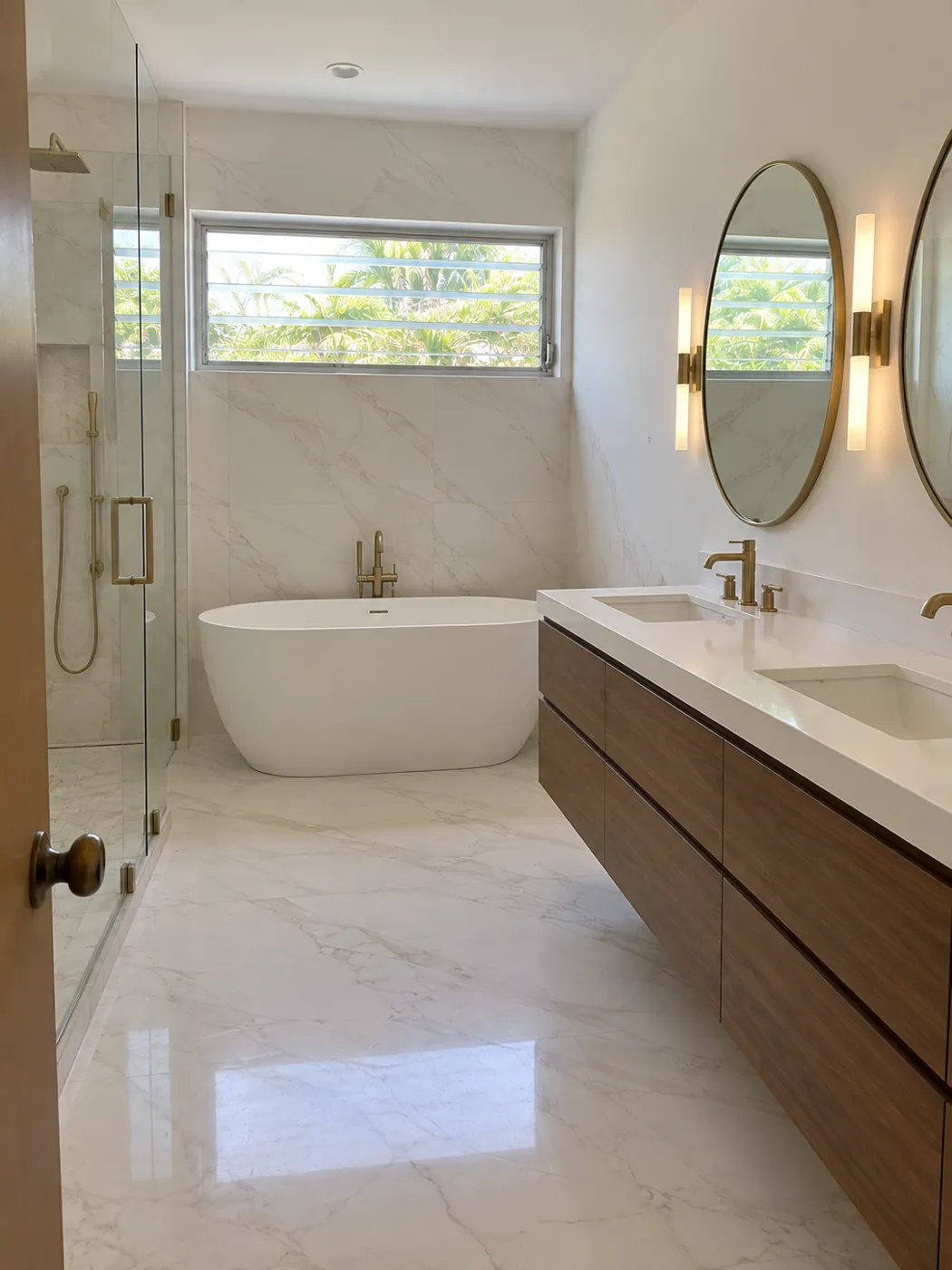 Same primary bathroom remodeled with a freestanding tub and walk-in shower