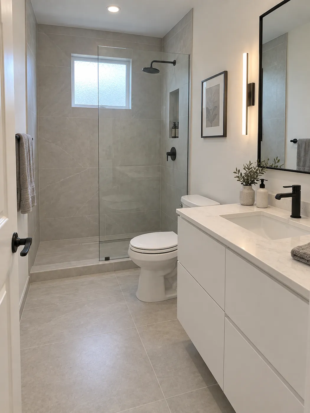 Same bathroom remodeled with large-format tile and a frameless shower