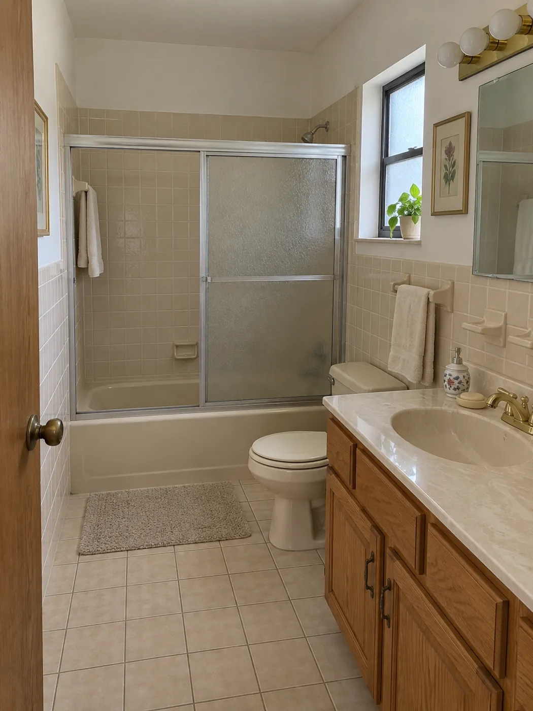 Dated 1980s bathroom with beige tile, almond tub and oak vanity