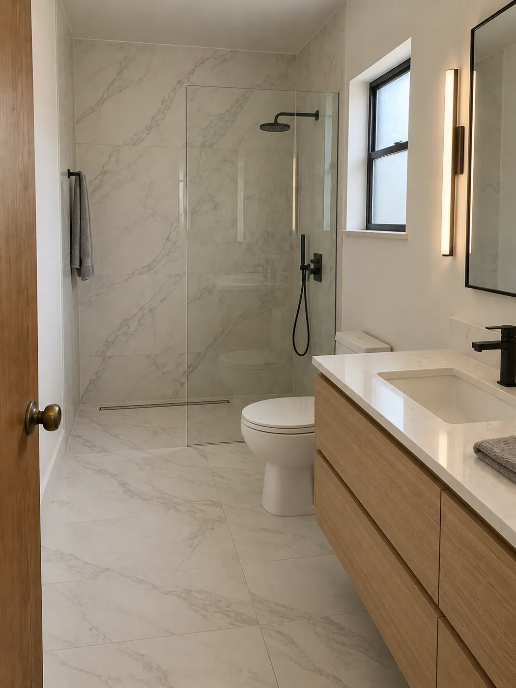 Same bathroom remodeled with a walk-in glass shower, large-format porcelain and a floating vanity