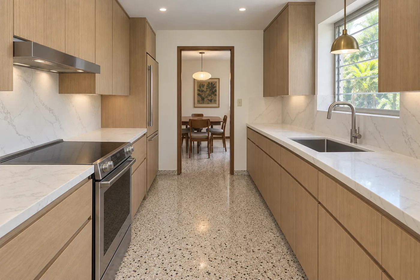 Same galley kitchen remodeled and opened up