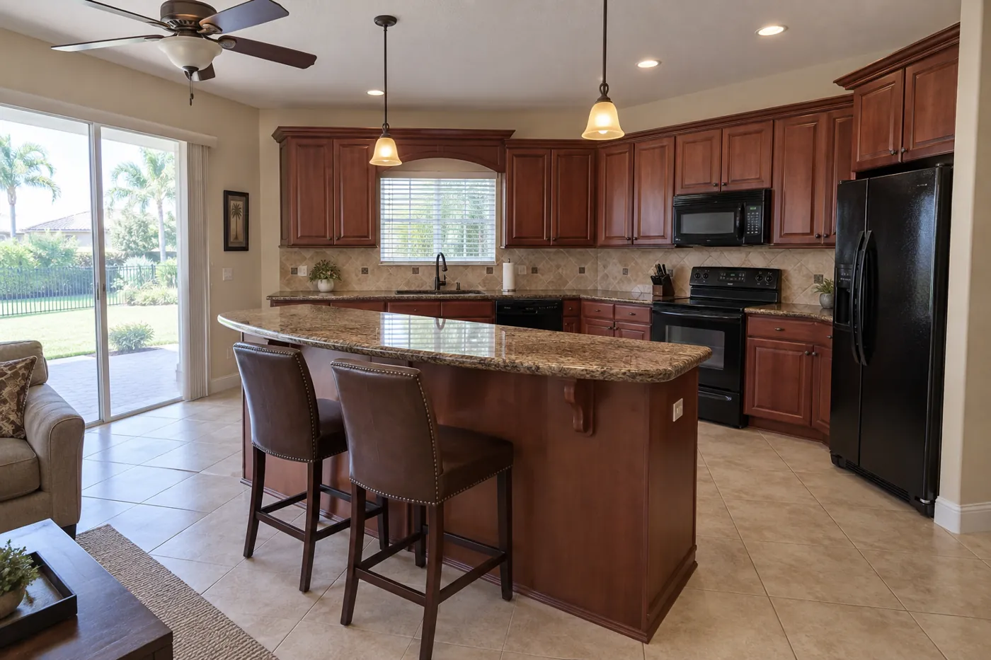 Builder-grade 2000s kitchen with cherry cabinets and granite
