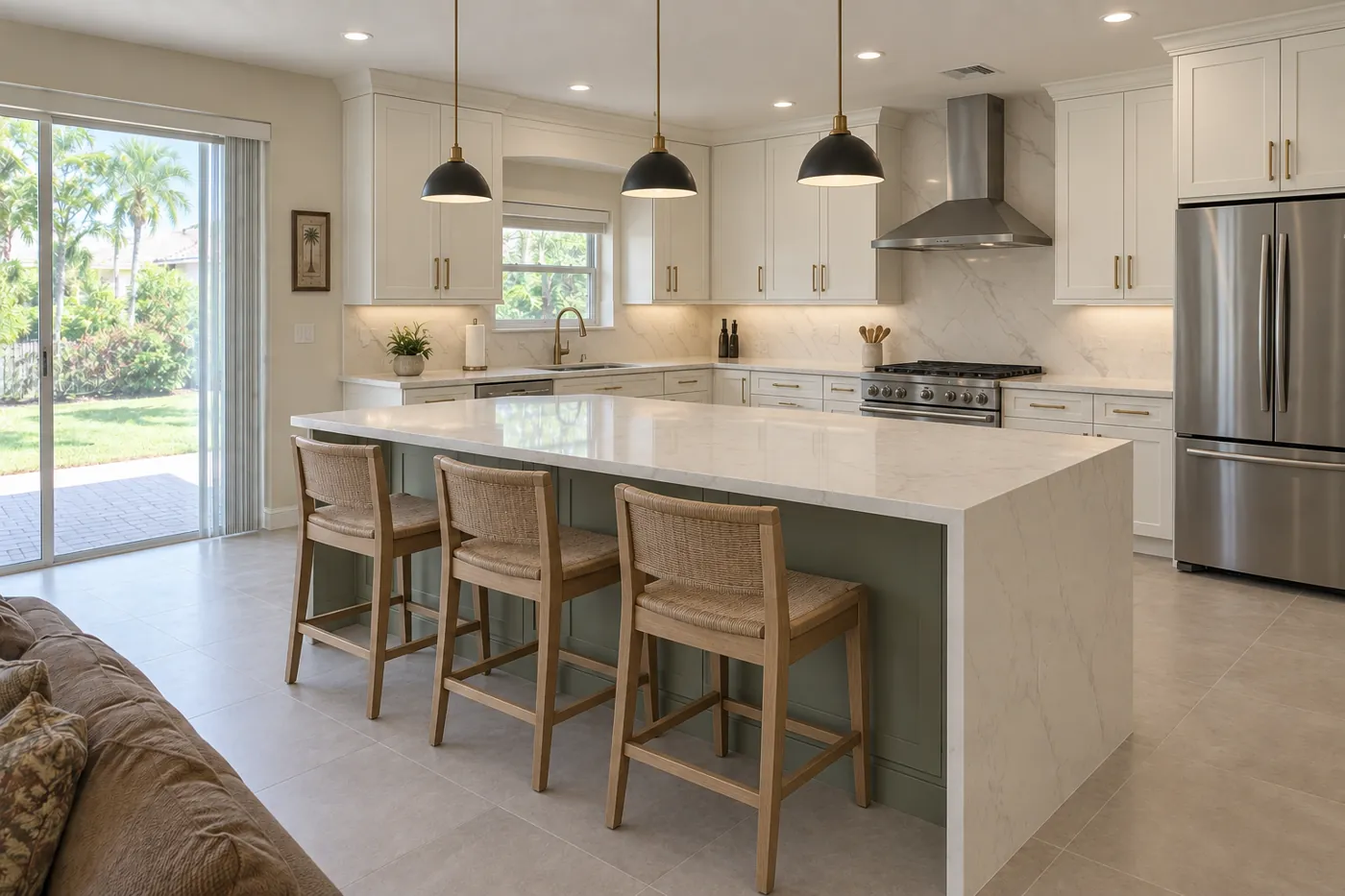 Same kitchen remodeled with light cabinets and quartz