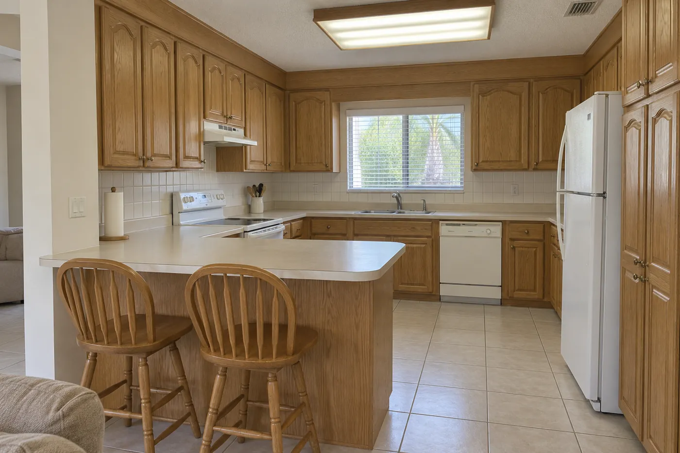 Dated 1990s kitchen with oak cabinets, laminate counters and a fluorescent box light