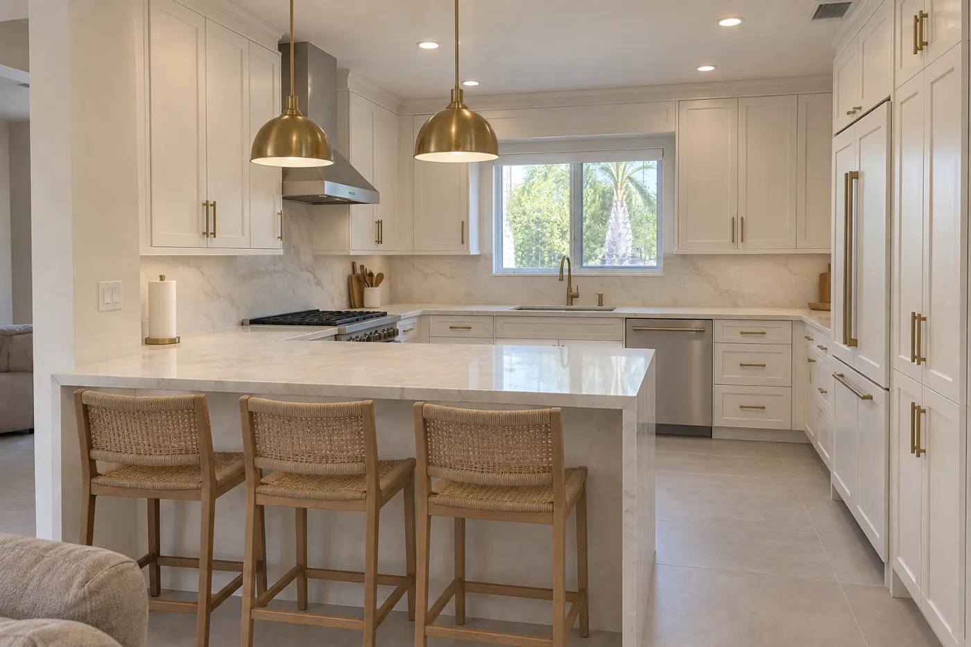 Same kitchen remodeled with white shaker cabinets, a quartz island and pendant lights