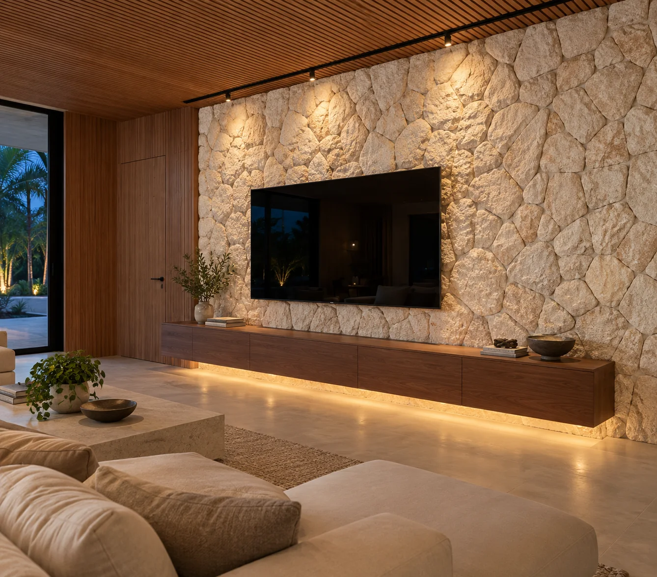 Natural stone feature wall with grazing light in a Miami living room