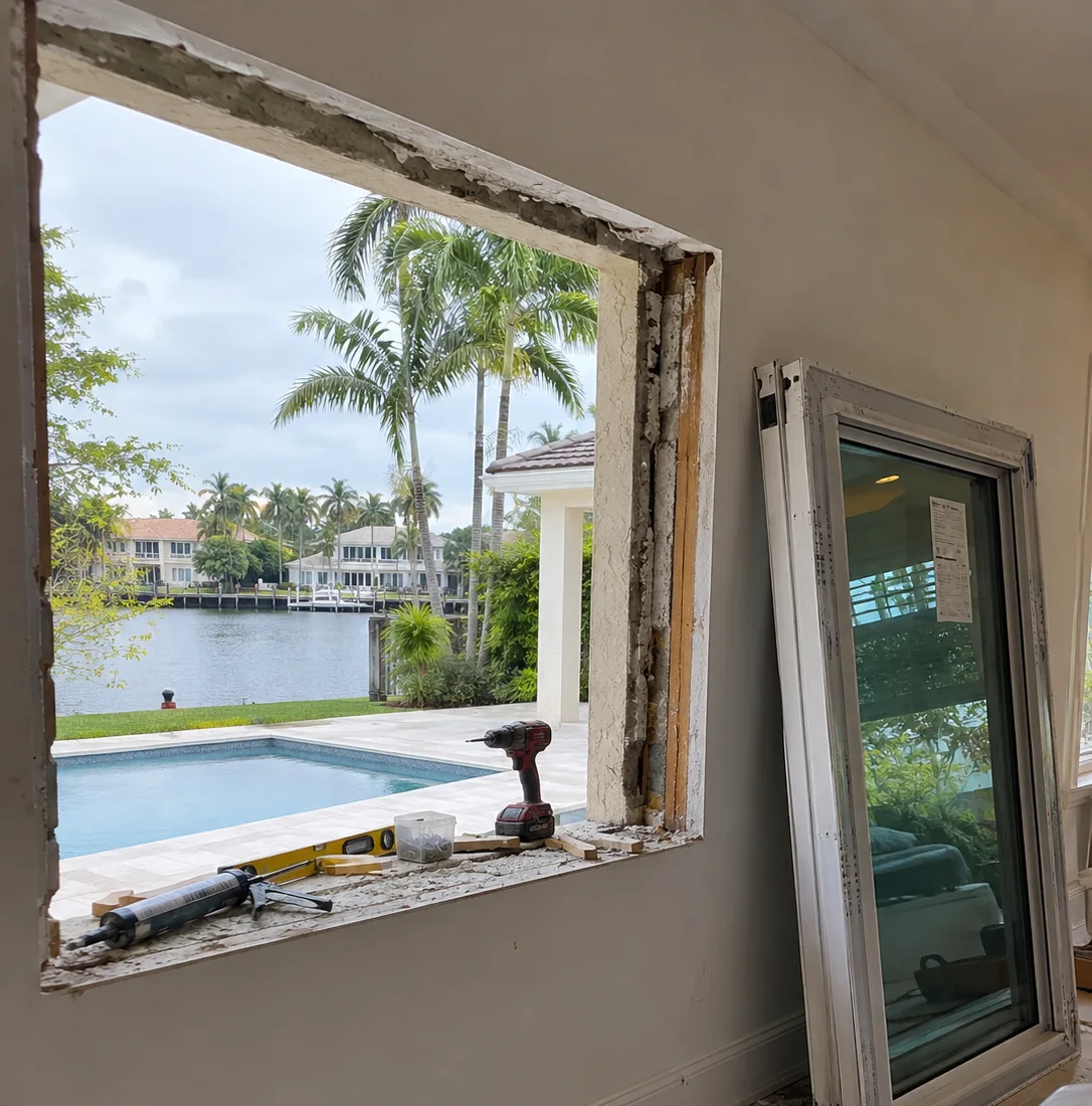 Impact window installation in progress, the old unit removed and the new unit waiting to be set